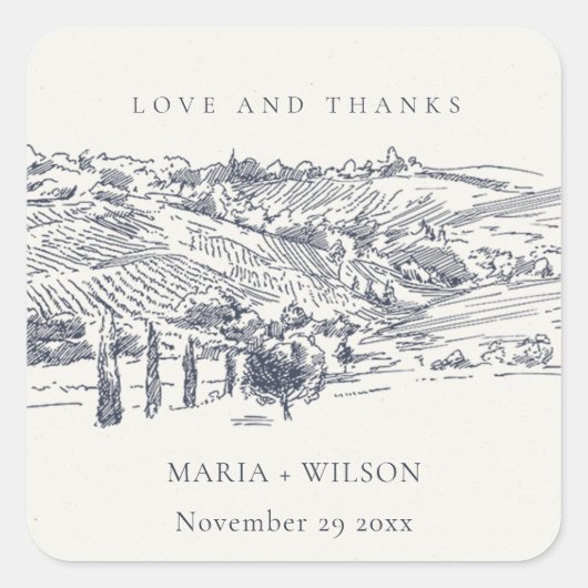 Rustic Navy Blue Winery Mountain Sketch Wedding Vierkante Sticker (Voorkant)