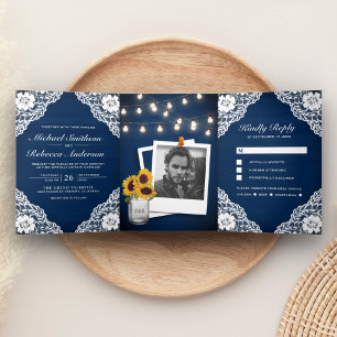 Rustic Navy Blue Wood Lace String Lights Wedding Drieluik Uitnodiging