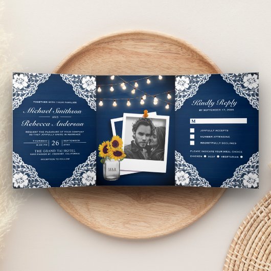 Rustic Navy Blue Wood Lace String Lights Wedding Drieluik Uitnodiging