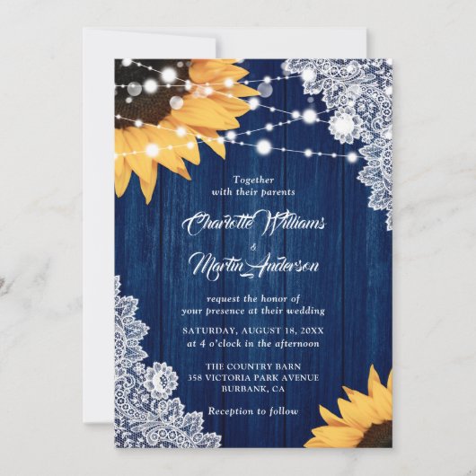 Rustic Navy Blue Wood Lace Sunflower Wedding Kaart (Voorkant)