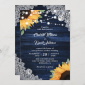 Rustic Navy Blue Wood Lace Sunflower Wedding Kaart (Voorkant / Achterkant)