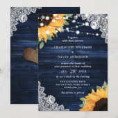 Rustic Navy Blue Wood Lace Sunflower Wedding Kaart (Voorkant / Achterkant)
