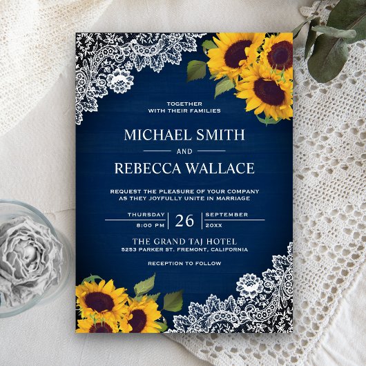 Rustic Navy Blue Wood Lace Sunflower Wedding Kaart