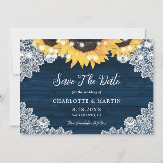 Rustic Navy Blue Wood Lace Sunflower Wedding Save The Date (Voorkant)