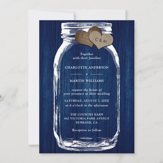 Rustic Navy Blue Wood Mason Jar Wedding Kaart (Voorkant)