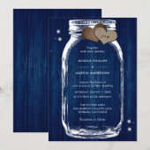 Rustic Navy Blue Wood Mason Jar Wedding Kaart (Voorkant / Achterkant)