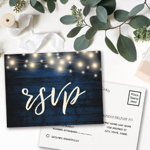 Rustic Navy Blue Wood String Lights RSVP Uitnodiging Briefkaart