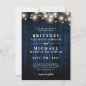 Rustic Navy Blue Wood String Lights Wedding Kaart (Voorkant)