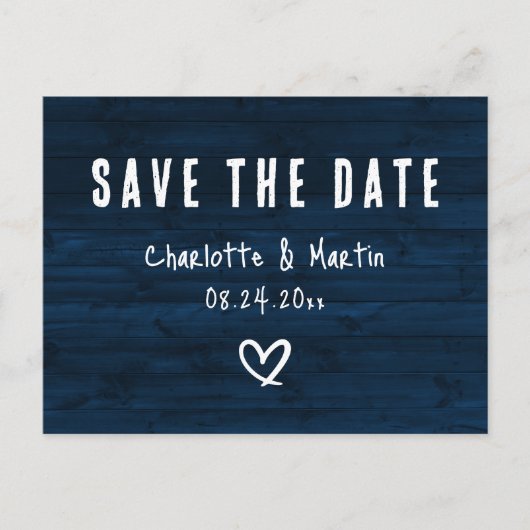 Rustic Navy Blue Wood Wedding Save the Date Briefkaart (Voorkant)