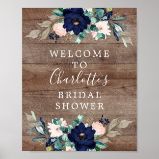 Rustic Navy & Blush Bruiloftsborrel Welkomstbord Poster