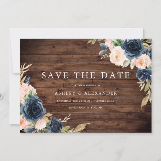 Rustic Navy Blush Floral Wedding Save The Date (Voorkant)
