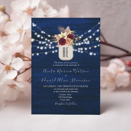 Rustic Navy Bourgogne Floral Mariage Invitation