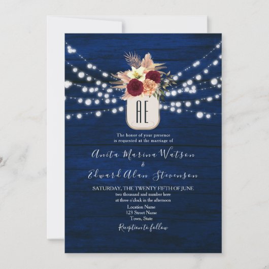 Rustic Navy Bourgogne Floral Mariage Invitation (Devant)