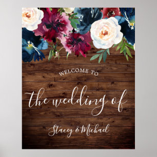 Rustic Navy & Burgundy Floral Welkomsthuwelijk Poster