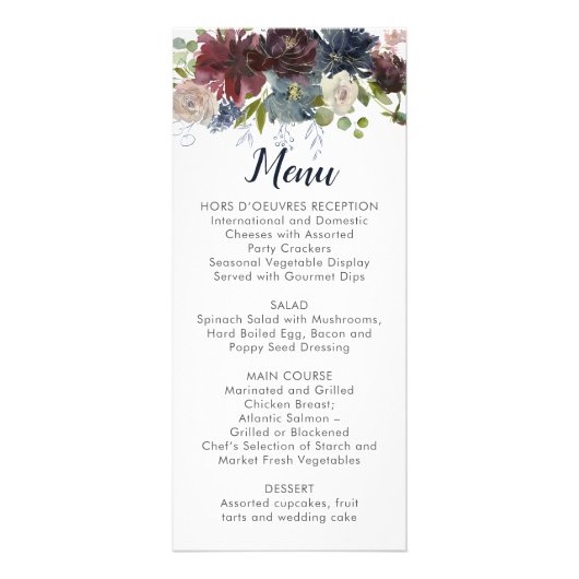Rustic Navy Burgundy Marsala Floral Wedding Menu (Voorkant)