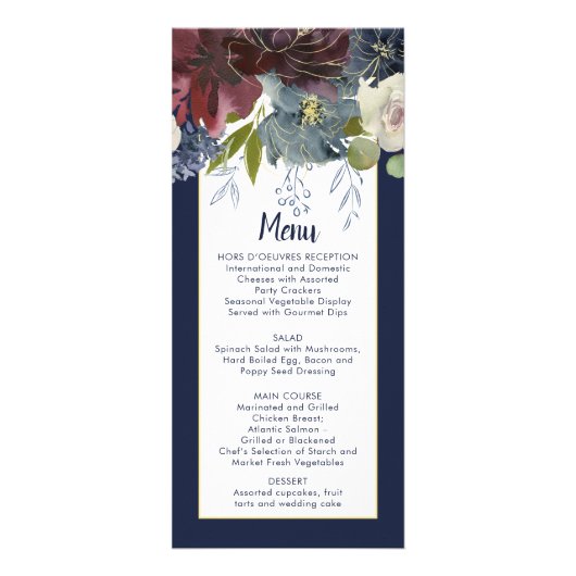 Rustic Navy Burgundy Rose Gold Floral Wedding Menu (Devant)