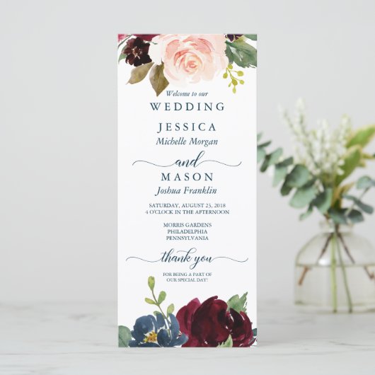 Rustic Navy Burgundy Wedding Programme Programma (Staand voorkant)