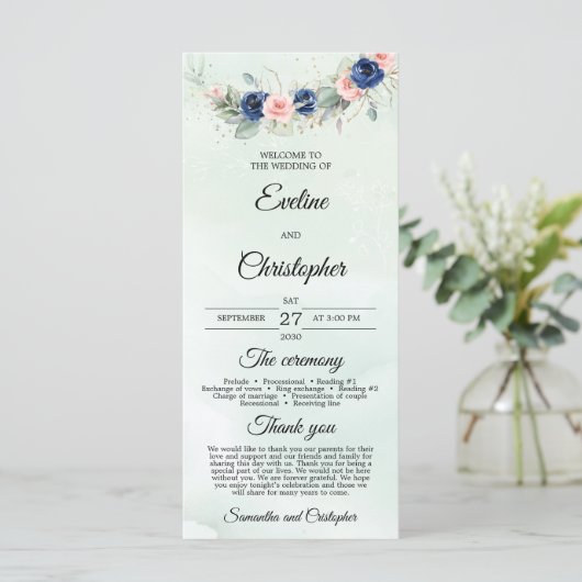 Rustic Navy en Blush Bloemen Greenery Krans Programma (Staand voorkant)