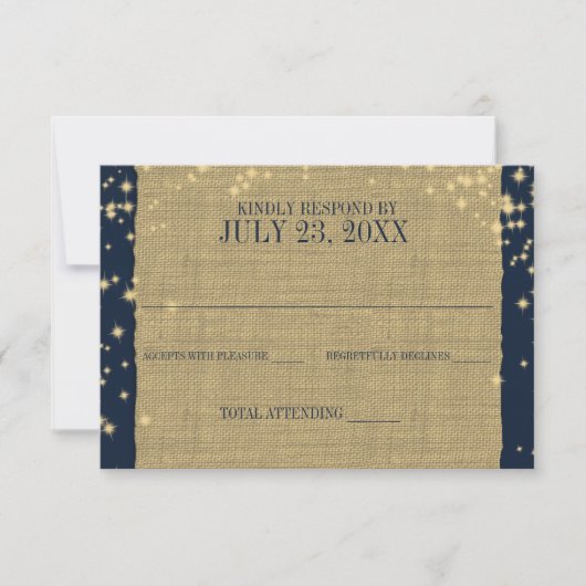 Rustic Navy en Gouden Twinkel Bruiloft Reactie RSVP Kaartje (Voorkant)