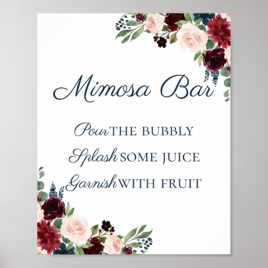 Rustic Navy en Marsala Floral Mimosa Bar Sign Poster (Voorkant)