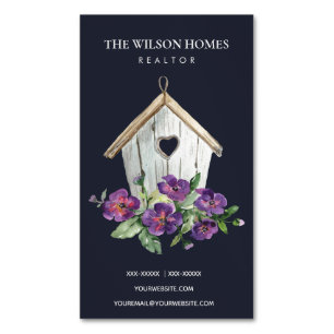 RUSTIC NAVY FLORAL BIRDHOUSE REAL ESTATE REALTOR MAGNETISCH VISITEKAARTJE