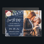 Rustic Navy Floral Enregistrer la date Carte magné<br><div class="desc">Rustic Navy Bourgogne Rouge Floral Chaîne Lumières Mariage Enregistrer la date Carte magnétique</div>