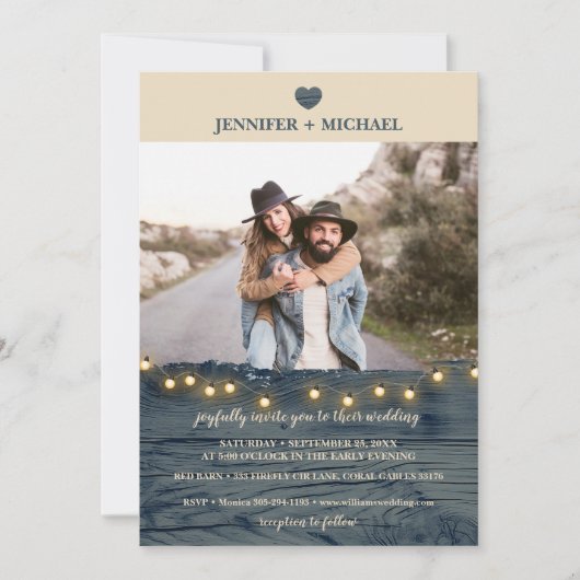 Rustic Navy Grange Wood Mariage Photo Invitation (Devant)