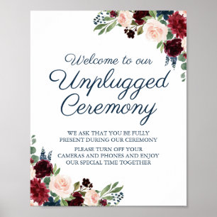 Rustic Navy Marsala Floral Unplugged Ceremony Sign Poster