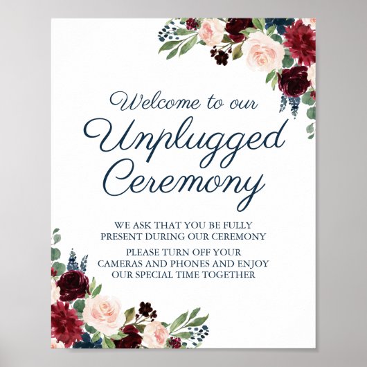 Rustic Navy Marsala Floral Unplugged Ceremony Sign Poster (Voorkant)