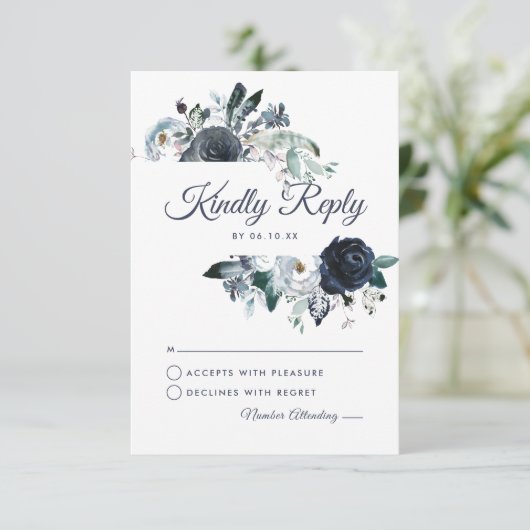 Rustic Navy Peony Waterverf bruiloft RSVP (Staand voorkant)
