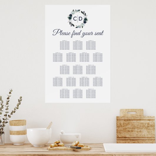 Rustic Navy Peony Wedding 17 Table Seating Chart Poster (Keuken)