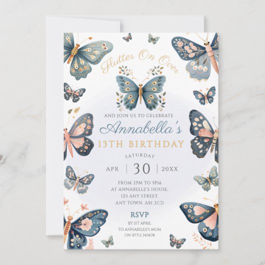 Rustic Navy & Pink Butterfly Party Uitnodiging (Voorkant)