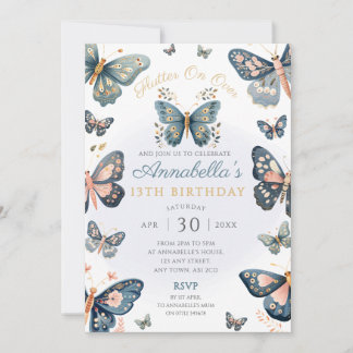 Rustic Navy & Pink Butterfly Party Uitnodiging