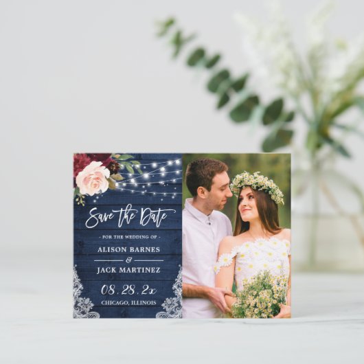 Rustic Navy String Lights Foto opslaan Datum Briefkaart (Staand voorkant)