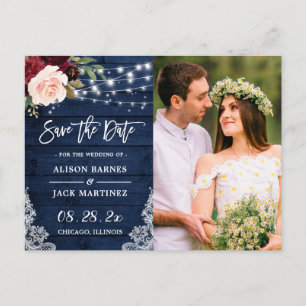 Rustic Navy String Lights Foto opslaan Datum Briefkaart