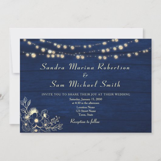 Rustic Navy String Lights Huwelijksuitnodiging Kaart (Voorkant)