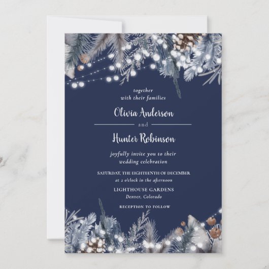 Rustic Navy String Lights Winter Wedding Invitatio Kaart (Voorkant)