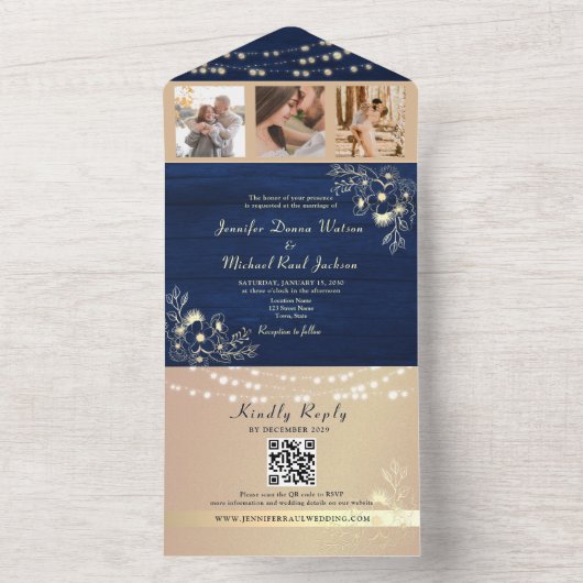 Rustic Navy Wedding QR Code Uitnodiging (Binnen)