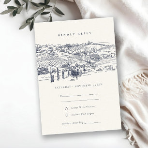 Rustic Navy Winery Mountain Sketch Wedding RSVP Informatiekaartje