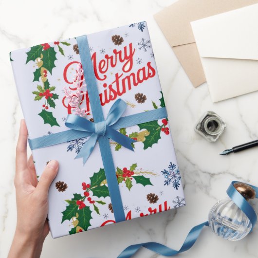 Rustic Navy wit en rood Vrolijk Kerstfeest Cadeaupapier (Geschenken)