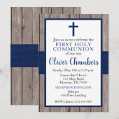Rustic Navy & Wood Boy First Heilige Communie Kaart (Voorkant / Achterkant)