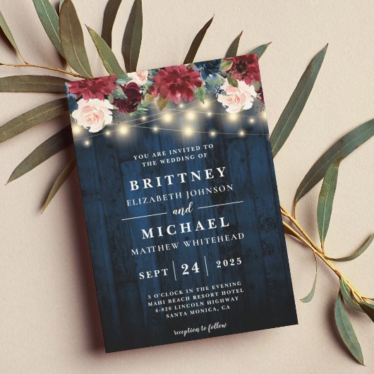 Rustic Navy Wood Floral String Lights Wedding Kaart