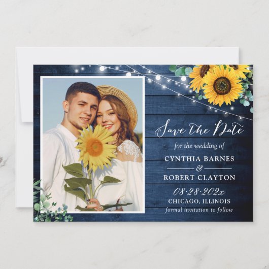 Rustic Navy Wood Sunflower String Lights Save The Date (Voorkant)