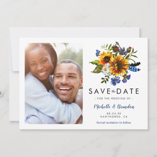 Rustic Navyblauwe Zonnebloem Save the Date Foto (Voorkant)