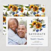 Rustic Navyblauwe Zonnebloem Save the Date Foto (Voorkant / Achterkant)