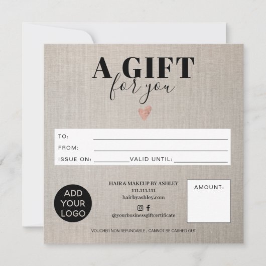 Rustic neplinnen vierkant logo voor cadeaubon (Voorkant)