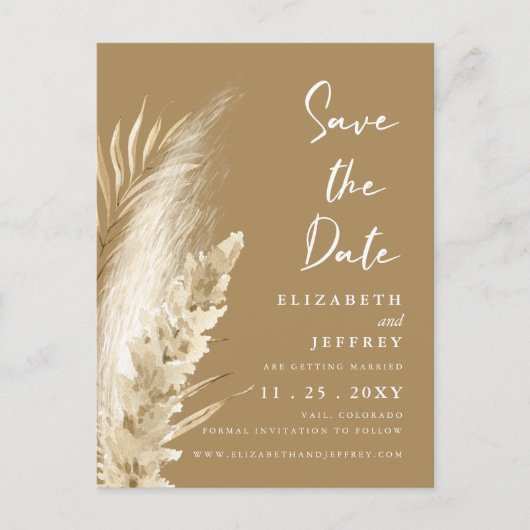 Rustic Neutral Earthy Boho Pampas Grass Wedding Aankondigingskaart (Voorkant)