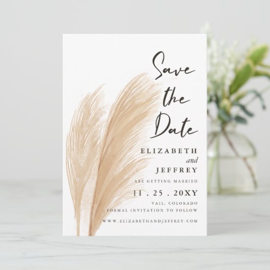 Rustic Neutral Earthy Boho Pampas Save the Date Aankondiging (Staand voorkant)