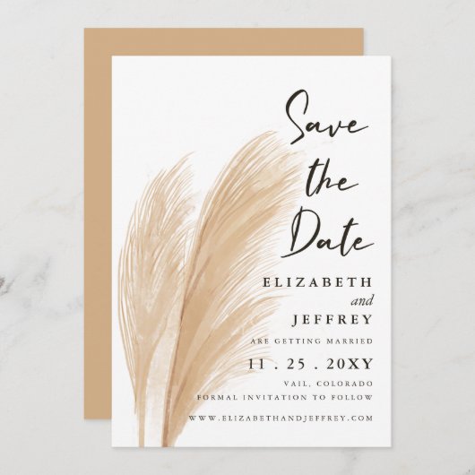 Rustic Neutral Earthy Boho Pampas Save the Date Aankondiging (Voorkant / Achterkant)