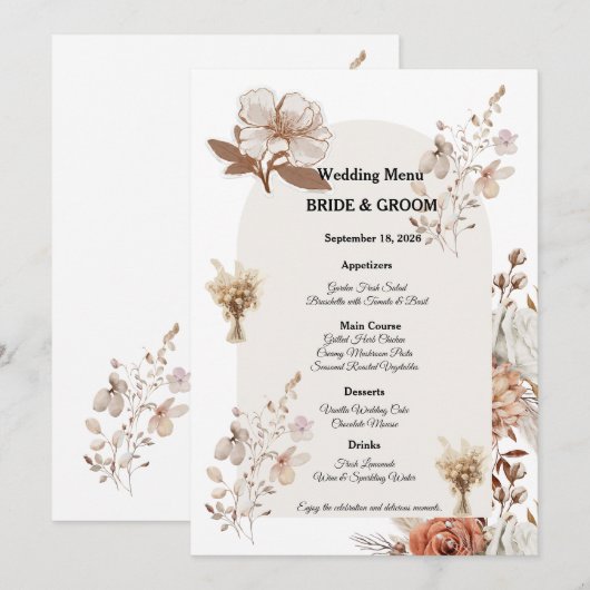 Rustic Neutral Wedding Menu Design (Devant / Derrière)